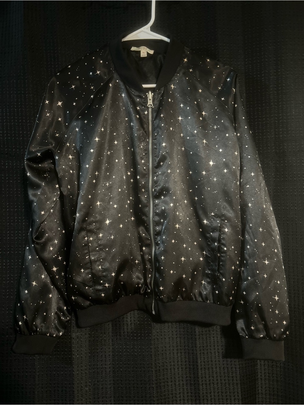 love, Fire Black with Silver Star-Print Reversible Satin Bomber Jacket